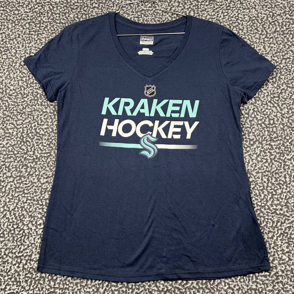 Seattle Kraken Shirt Women Medium Blue Fanatics NHL Short Sleeve V-Neck Cotton M